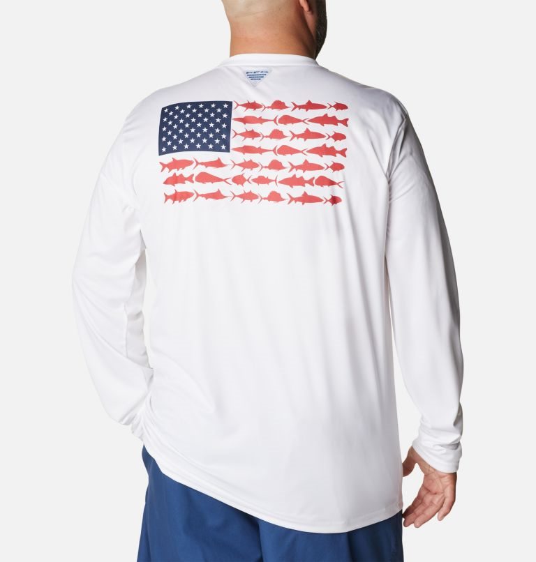 Men\'s Columbia PFG Terminal Tackle Fish Flag Long Sleeve Sweatshirts White | Plus Size CA-J0431